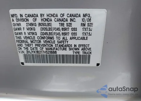 2007 Honda Ridgeline Rt z USA, uszkodzony, nr VIN 2HJYK16217H521886